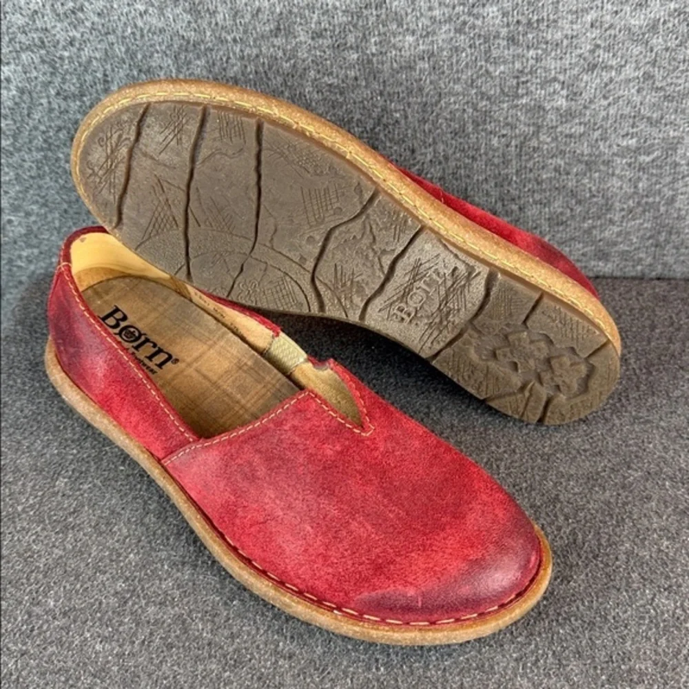 Born Tropi Flats Shoes Size 9.5 M/W Red Suede Distressed Slip On Loafers Womens